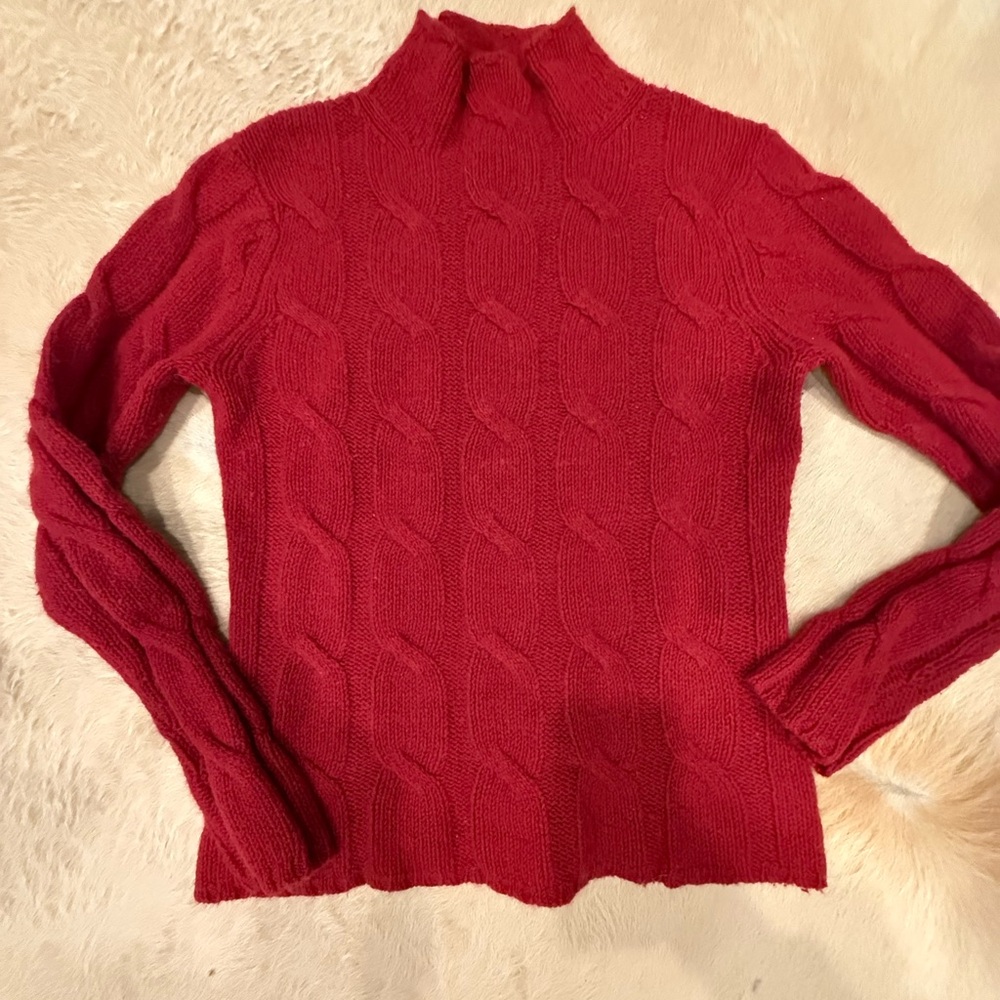 Eddie Bauer wool/angora Cherry Red Cable Knit funnel neck Sweater